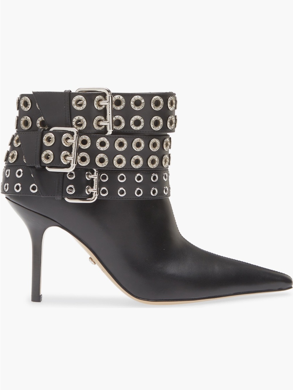 MACH & MACH Black Leather Pointed Stiletto Ankle Boots with Grommet Straps